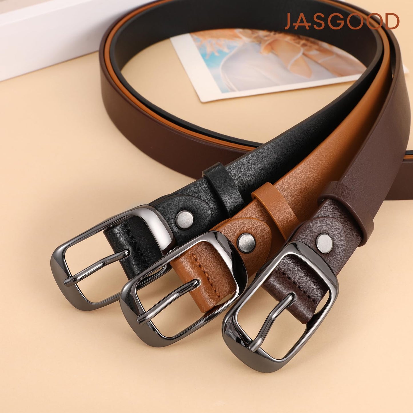 JASGOOD 3 Pack Women Belts for Jeans Pants Fashion Leather Waist Belt for Women with Gun Buckle, Black+Brown+Coffee