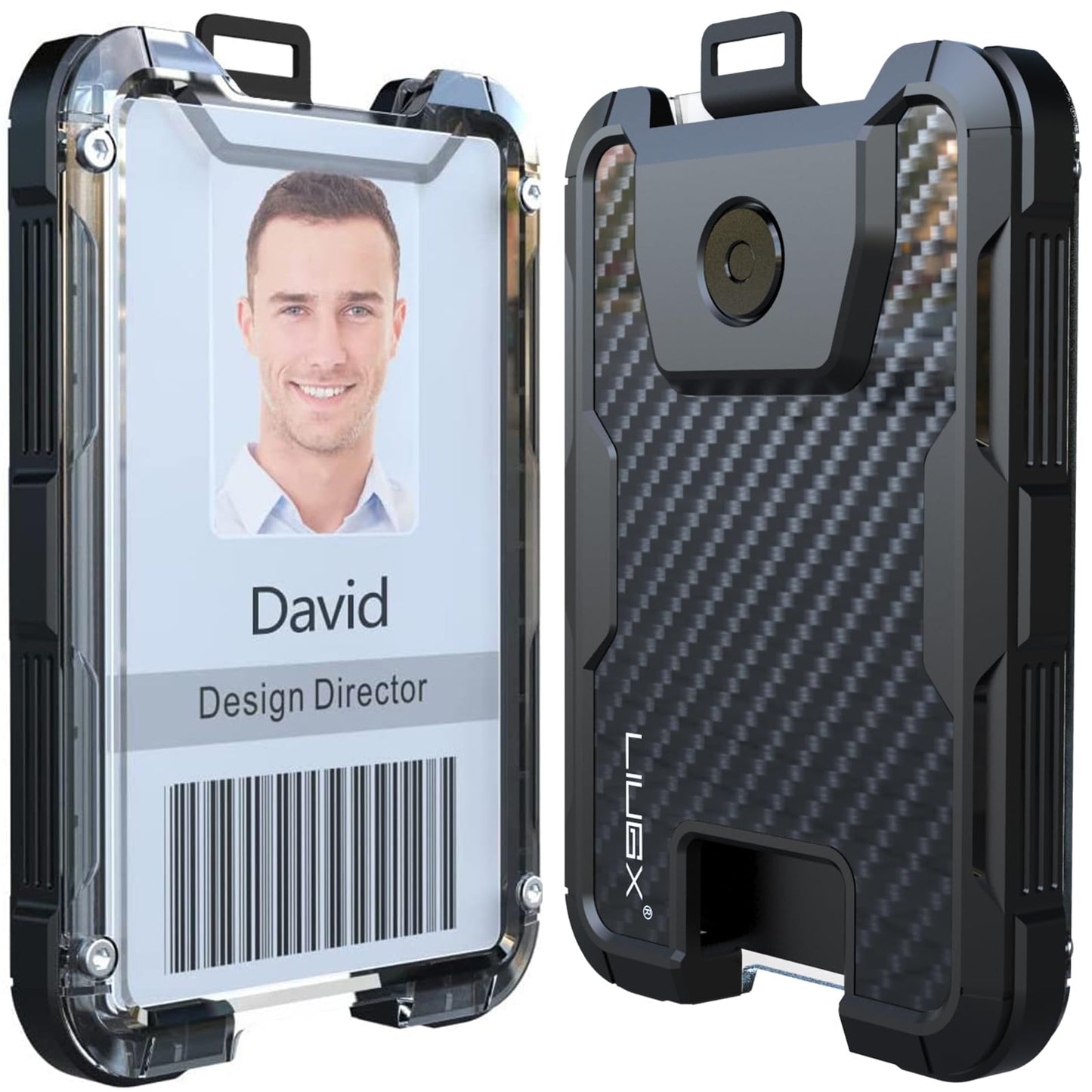 LIUGX Carbon Fiber Badge Holder with Retractable Breakaway Lanyard, American Flag, Badge Reel with Heavy Duty ID Card Holder (Holds 6 Cards) with 20" Retractable Cord, Keychain, 4.2 oz, Black
