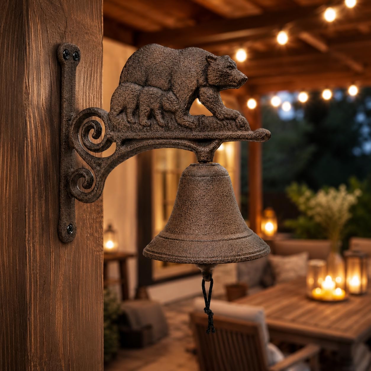 Comfy Hour 7.8" Heavy Duty Cast Iron Bear Dinner Bell, Loud Resonant Wall Mounted Outdoor Doorbell for Farmhouse, Garden & Cabin, Decorative Wildlife Metal Bell for Porch, Antique Black Finish
