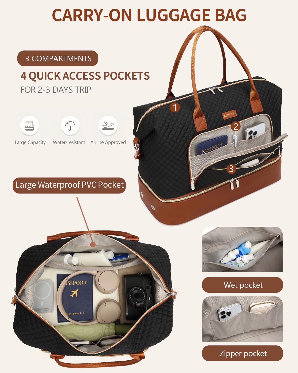 CLOKARS Weekender Bags for Women, Travel Duffle Bag Carry On Overnight Bag with Cosmetics Bag and Crossbody Purse for Gym Hospital, Gifts for Women, Black Brown