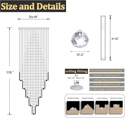 Flashing God D40''X H110'' Modern Foyer Chandeliers for High Ceiling Raindrop Flush Mount Light Fixture for Foyer Crystal Pendant Light Dimmable Lighting with Remote Straircase Fixture