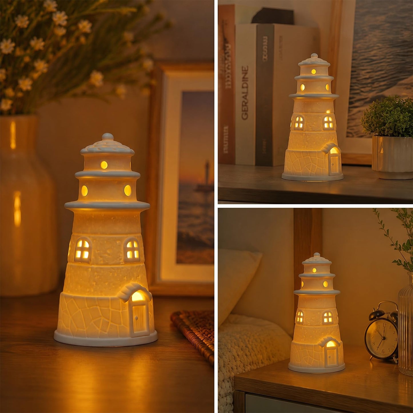 ROSYCOUD White Ceramic Lighthouse Statue Lamp - Light House Book Shelf Decor Aesthetic,Beach Themed Room Decor,Nautical Coastal Ocean Decoration for Home Bedroom Bathroom Living Room