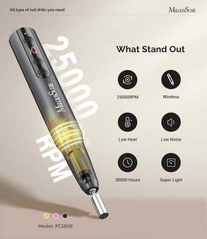 MelodySusie Cordless Nail Drill, PC180E 25,000RPM Rechargeable Eletric Nail File with Nail Drill Bits, Sanding Bands for Home Using