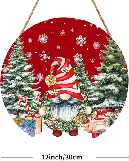Christmas Gnome Welcome Sign for Front Door Merry Christmas Door Hanger 12”x12” Christmas Dwarf Xmas Holiday Snowflake Wooden Hanging Sign Outdoor Outside Porch Decor Winter Christmas Wreath for Home