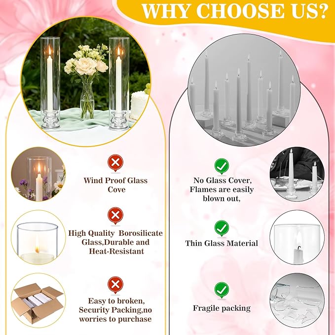 24 Set Hurricane Glass Candlestick Holders 12.6" Two Side Open Glass Candle Holders and 2.2" Taper Candlesticks Holder Bulk for Table Centerpiece Wedding Christmas Home Decor