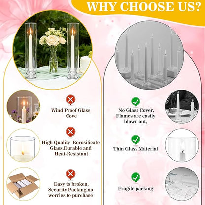 24 Set Hurricane Glass Candlestick Holders 12.6" Two Side Open Glass Candle Holders and 2.2" Taper Candlesticks Holder Bulk for Table Centerpiece Wedding Christmas Home Decor