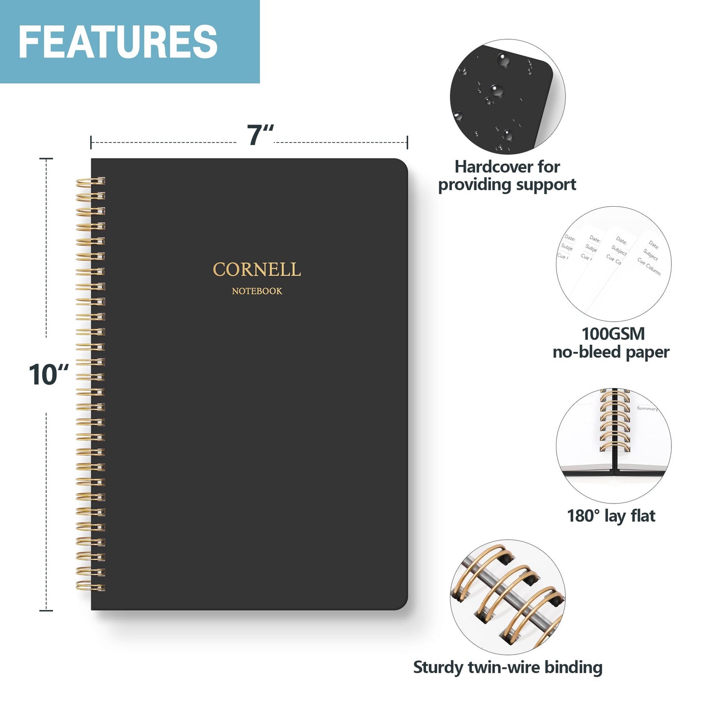 Hardcover Cornell Notes Notebook for Note Taking Supplies, B5 Spiral Aesthetic Study Subject Notebooks for School Work College Ruled Meeting Notes Book Studying Essentials, 7.2” x 10”, Black