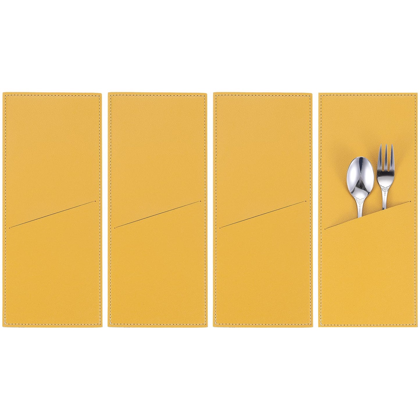 uxcell 4 Pcs Leather Cutlery Sleeve Silverware Utensil Holders Knife and Fork Bag Pouch Flatware Storage Sleeves for Dinner Table Home Kitchen Table Decoration, Yellow
