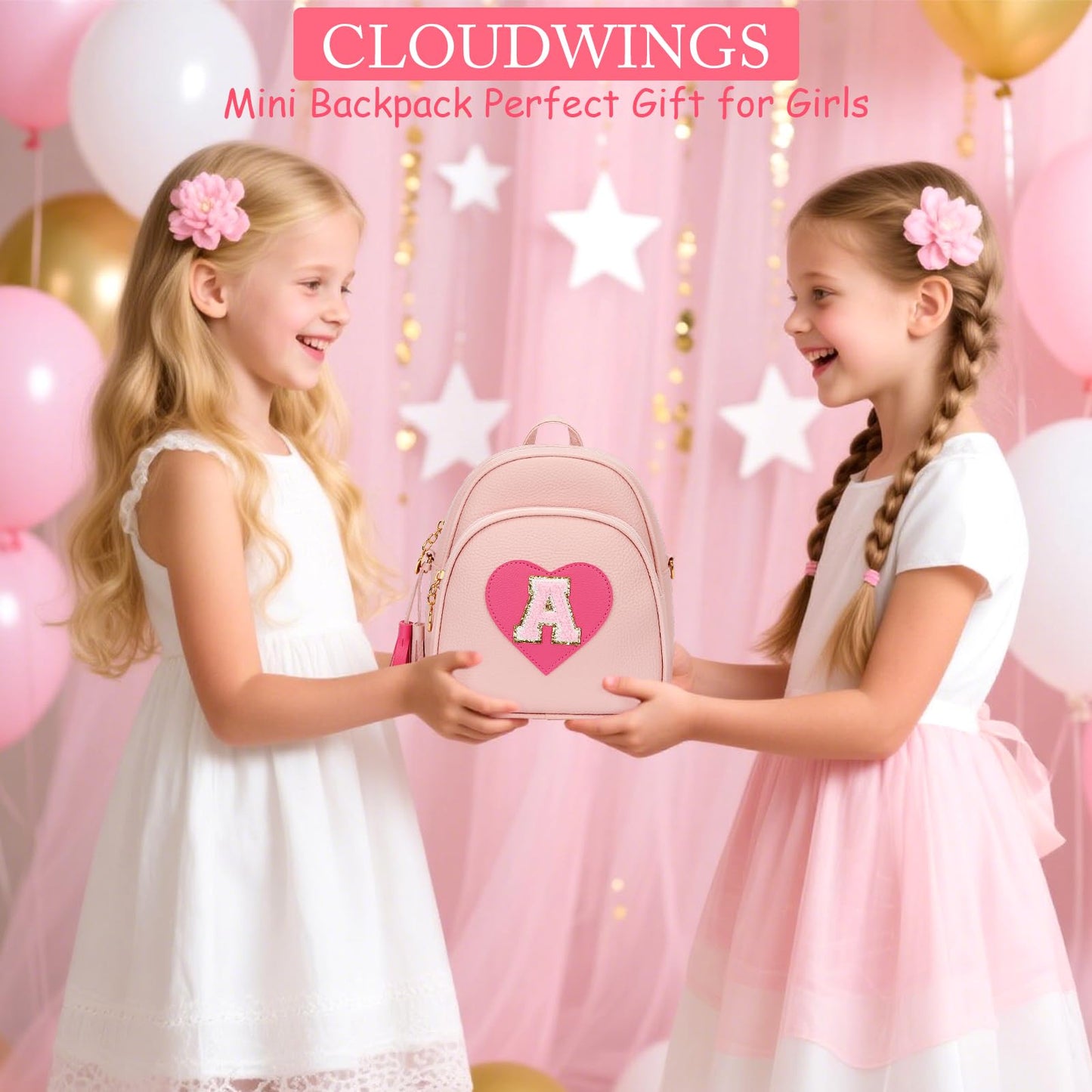 CLOUDWINGS Birthday Gifts for Kids Gifts for Girls Little Girl Initial Mini Heart Backpack Purse Crossbody Bag with Tassel，Pink-A