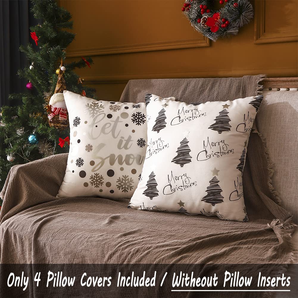 JOJOGOGO Christmas Decorations Silver and White Christmas Pillow Covers 18x18 Set of 4, Silver Xmas Decor Snowflake Christmas Tree Let It Snow Decorative Throw Pillows for Bedding Couch Sofa