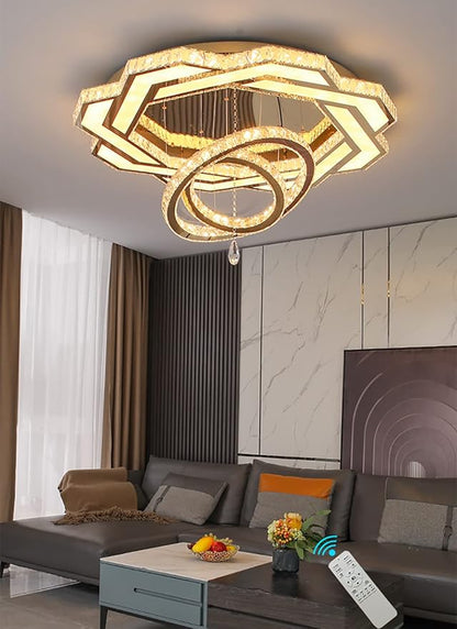 Flashing God Crystal Chandeliers Dia 32" Silver Elegant Chandelier Flush Mount Ceiling Light for Bedroom Living Room Dining Room Hallway Dimmable 3 Rings LED Celing Lighting Fixtures
