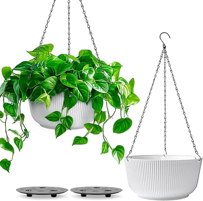 T4U Hanging Planter Self Watering 8 Inch, 2 Pack White Indoor Outdoor Hanging Plant pots, Hanging Flower Pot with Drainage Hole & Plug & Chain with 3 Hooks for Garden Home Decor