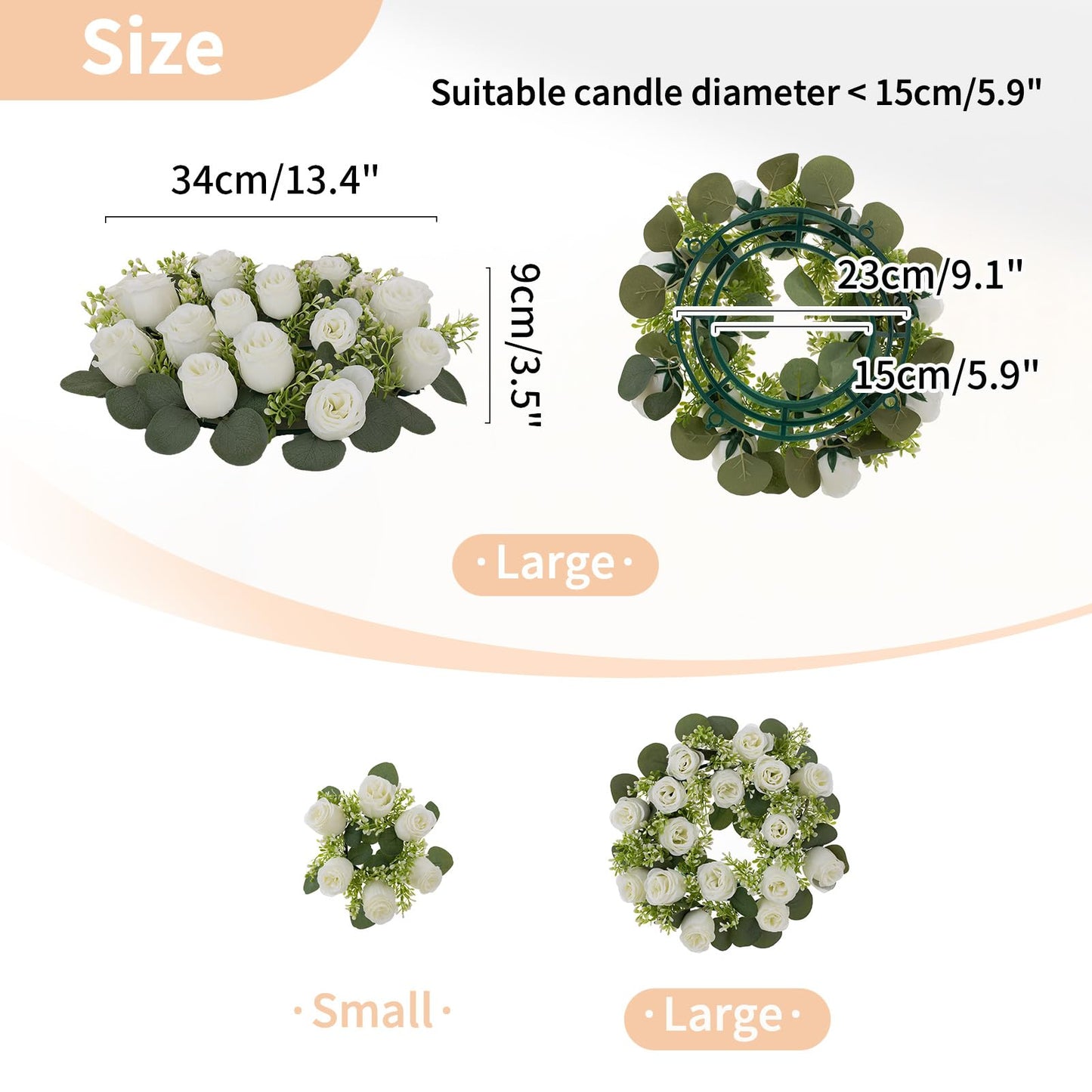 NUPTIO Flower Wedding Centerpieces for Tables - 10 Pcs 14 inch Diam Large White Artificial Flowers Fake Roses Candle Rings Wreaths Spring Summer Wreath for Front Door Weddings Party Ceremony Decor