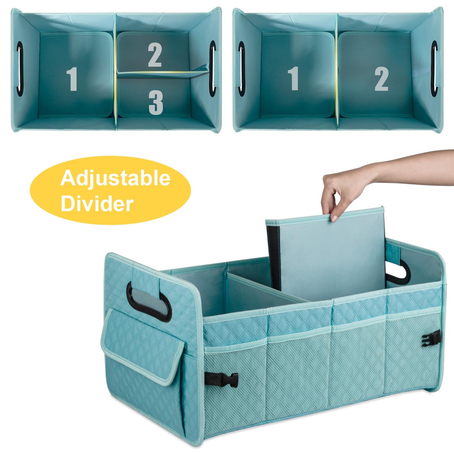 JiatuA Car Trunk Organizers and Storage for SUV, Collapsible Multi Compartment Container Box Adjustable Car Accessories for Women Men, Lake Blue