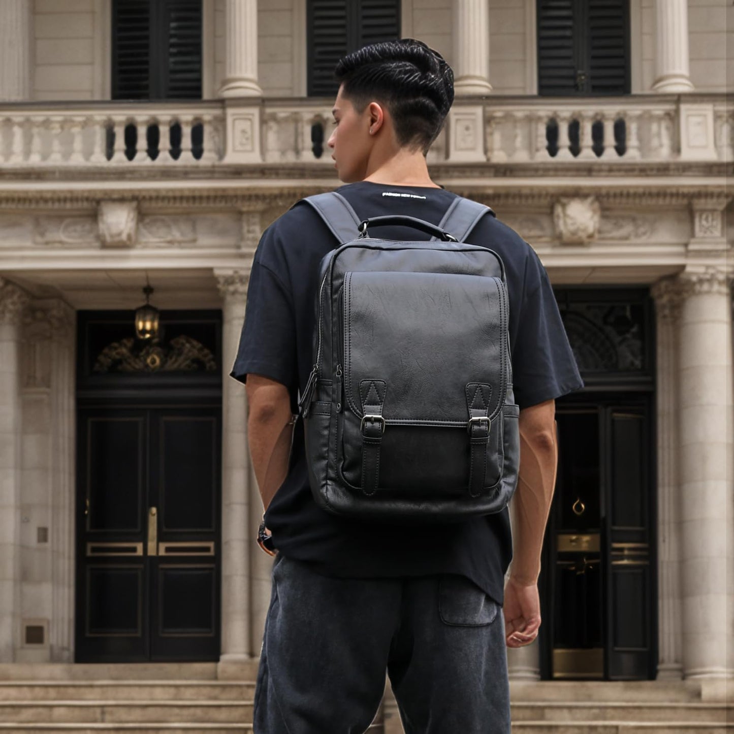 MOYYI Leather Backpack fits 15.6 Inch Laptop Vintage Backpack Waterproof Flap Bookbag for Men Leather Travel Backpack for Men Casual Knapsack Black
