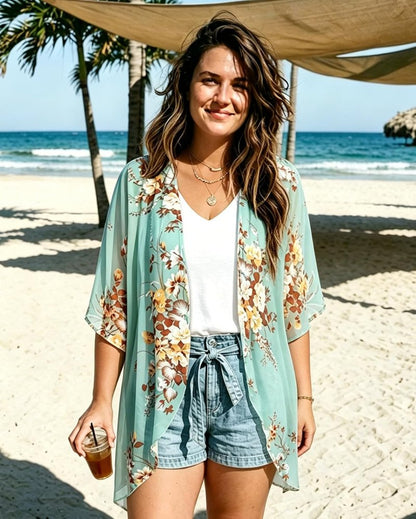 Floral Print Puff Sleeve Kimono Cardigan - Casual Loose Cover-Up Blouse for Women | Stylish & Versatile 2026