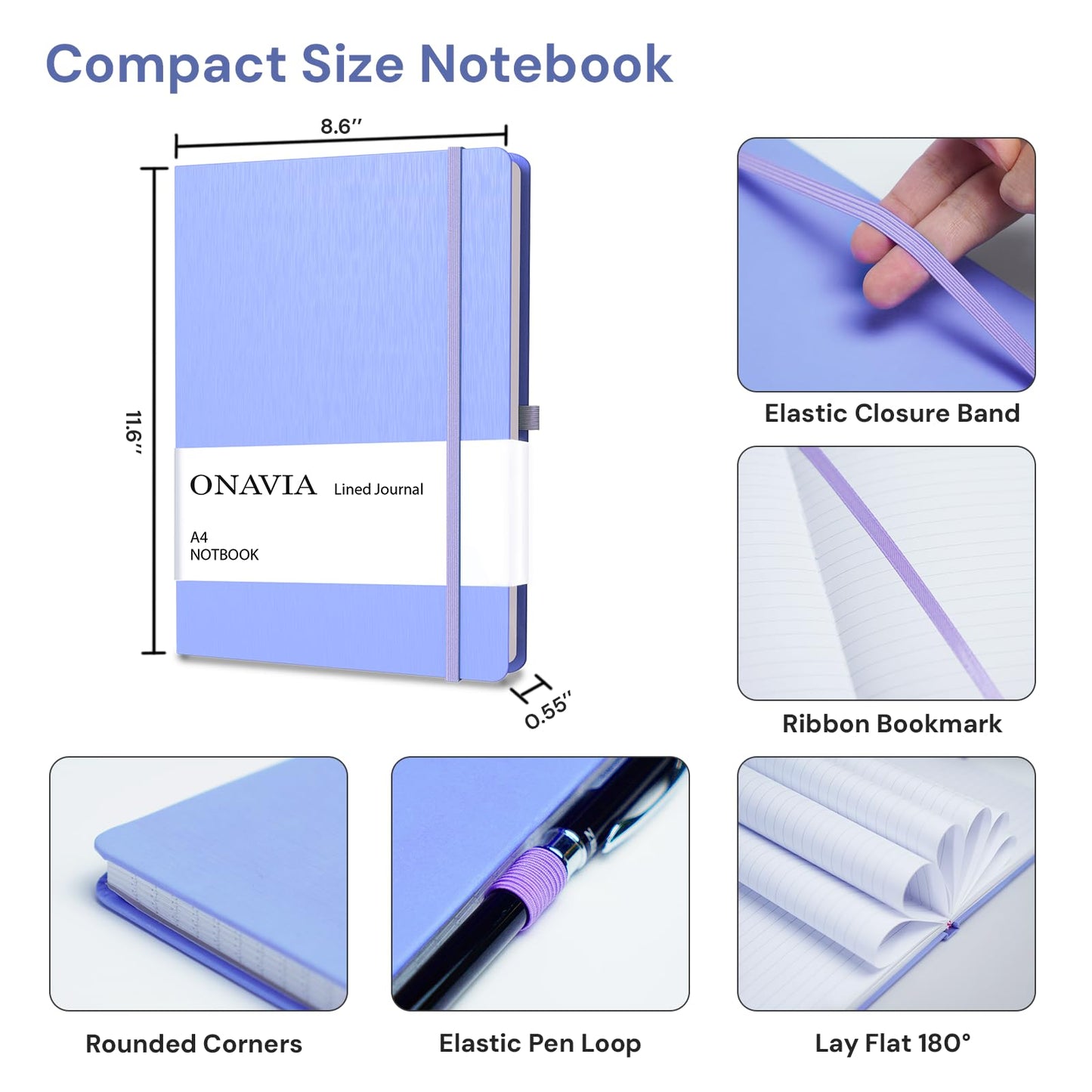 ONAVIA A4 Lined Journal Notebooks 3 Pack, 8.5 x 11 College Ruled Journal Notebooks, 160 Pages, Lined Notebooks for Thick Paper, Large Notebook, Cornflower Blue