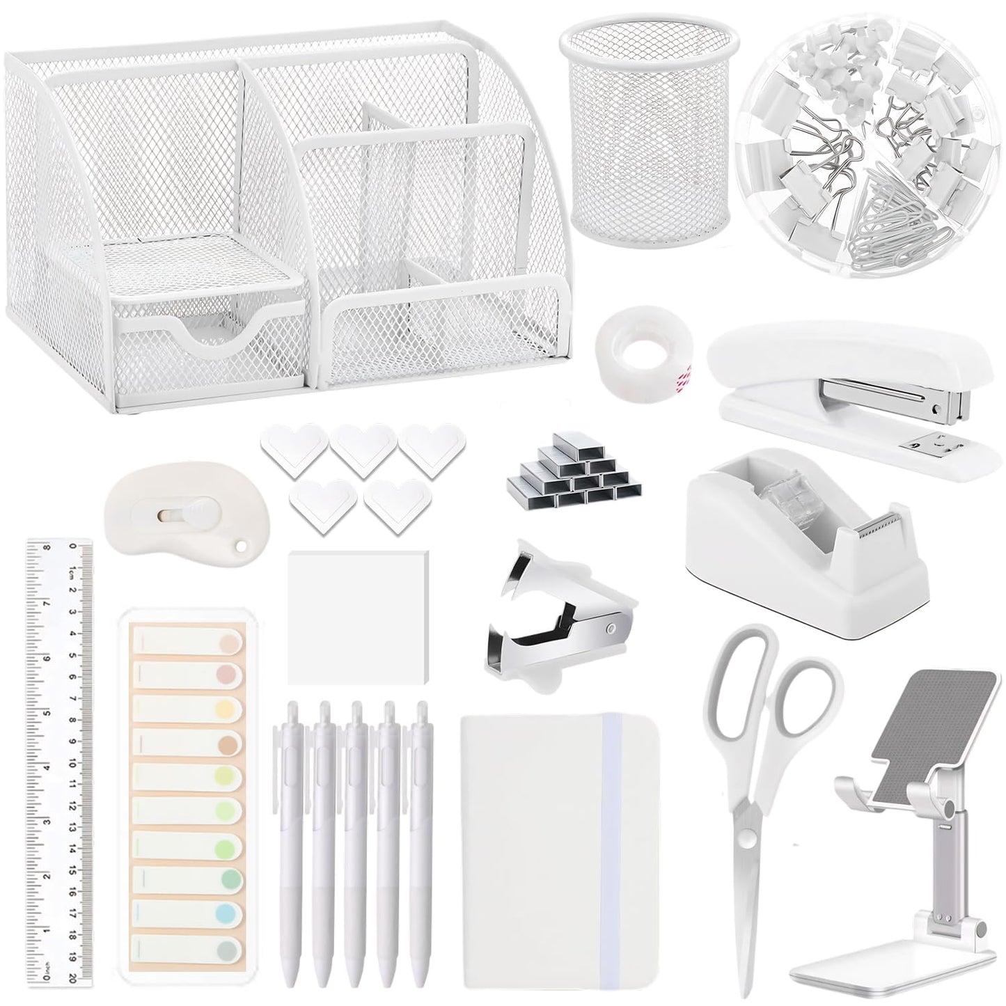 Office Supplies,Desk Accessories,Stapler and Tape Dispenser Set,1000 Staples,Staple Remover,Pen Holder,Folding Phone Holder,Journal Notebook,Ballpoint Pen,Scissor,Ruler,Clear Tape,Sticky Notes,Ect