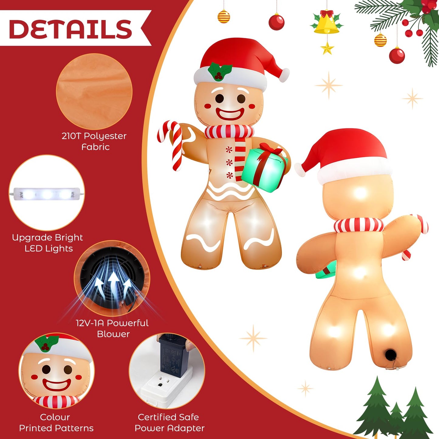 Partyotu Christmas Inflatable Gingerbread Man, Blow Up Holiday Party Decor with Build-in LED Lights, Waterproof Inflatable Christmas Decorations for Outdoor Roof Yard Lawn Garden Indoor (Brown, 8FT)