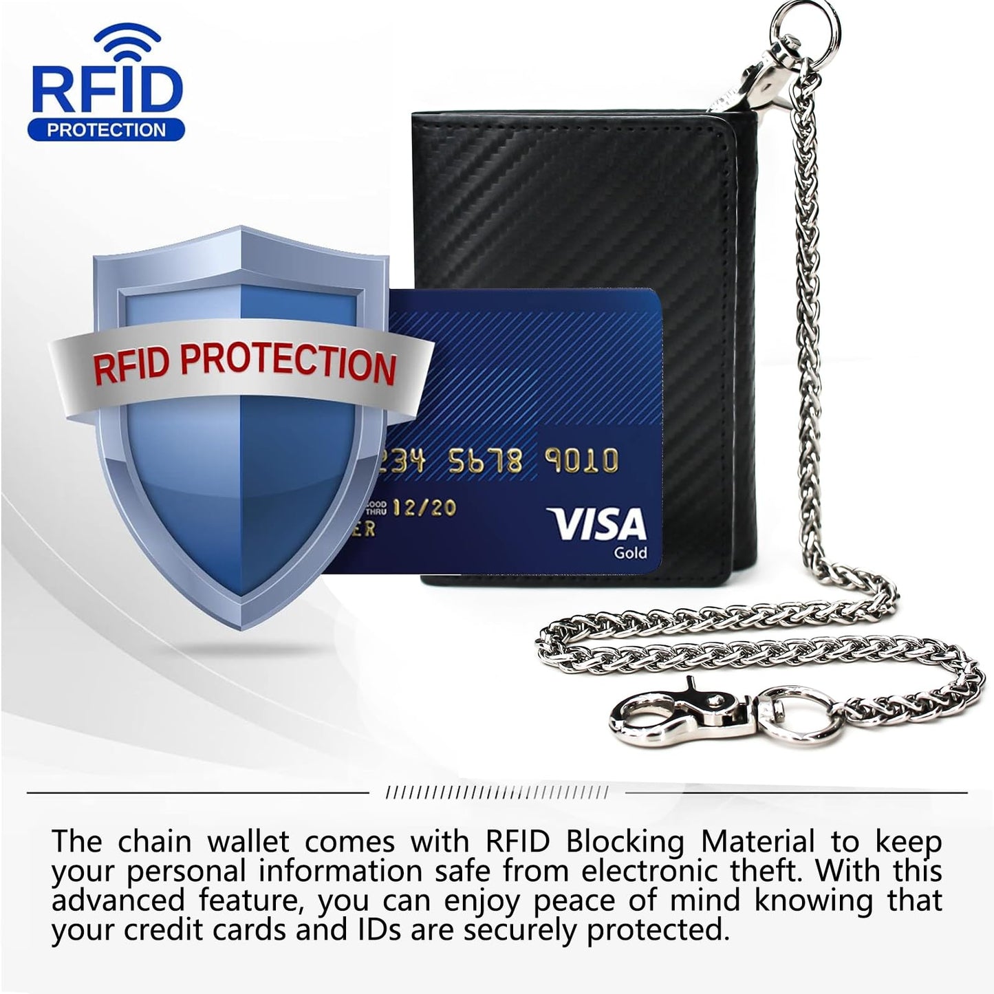 boshiho Real Leather RFID Blocking Bifold Wallets for Men Double Zipper Coin Pocket Purse with Anti-Theft Chain (#01 black)