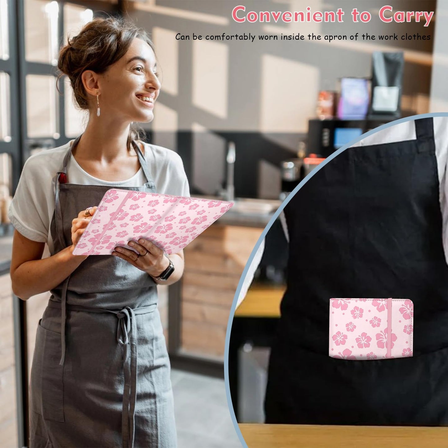 YeeCASE Pink Server Book, Fits Waitress Server Apron, Receipt Holder, Guest Book Perfectly,Waitress Server Accessories, Compact Organizer with Zipper Pocket (Hibiscus)