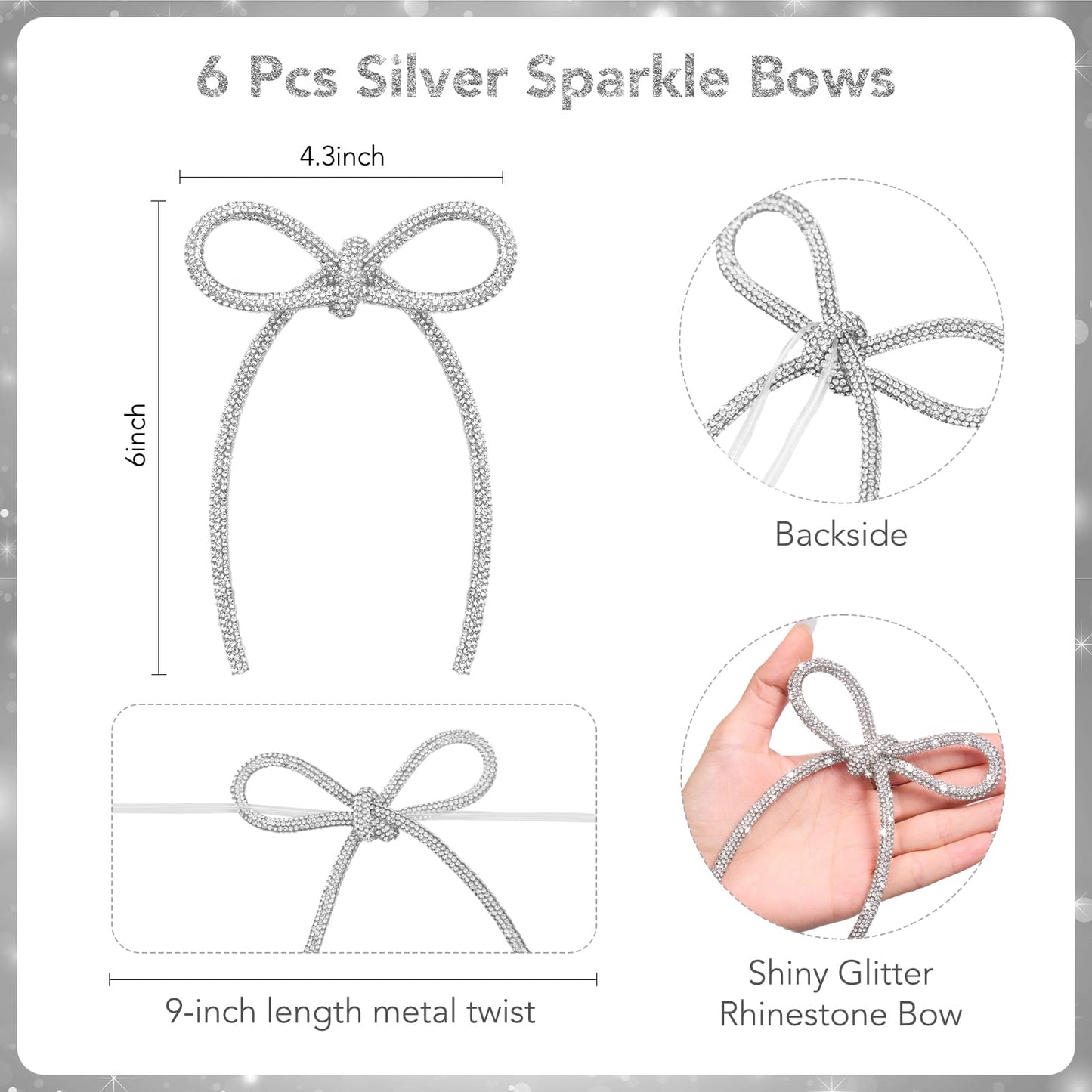 6 Pcs 4.3" x 6" 2026 Christmas Bows for Tree Decor, Silver Sparkly Glitter Rhinestone Bow Ornaments with Twist Tie for Xmas Decoration, Wreath, Garland, Gift Wrapping