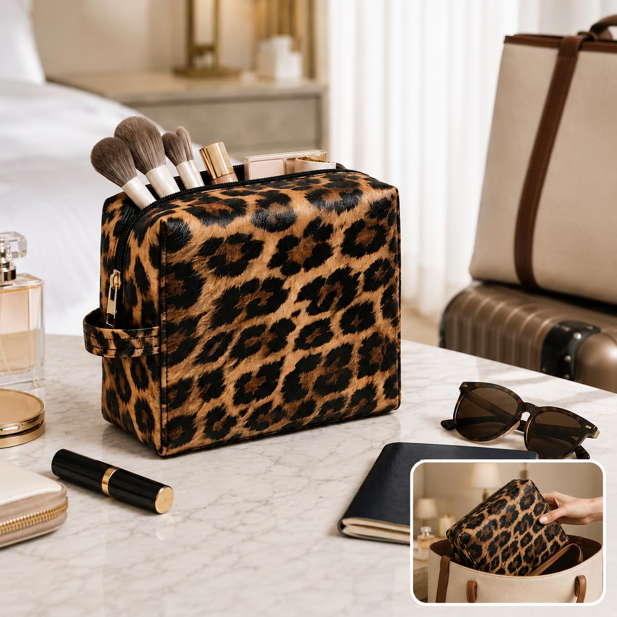 imerelez 3PCS PU Leather Makeup Bag, Large Travel Cosmetic Pouch, Cute Toiletry Organizer for Women, Set of 3