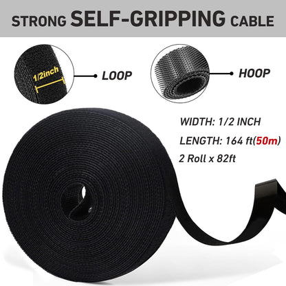 164ft x 1/2 inch Reusable Fastening Cable Ties, Hitotsu Hook and Loop Roll, Self-Gripping Bundling Strips for Cord Manage,Home, Office, Electrical Cords, Data Center, Host Room, Black, 2 Roll