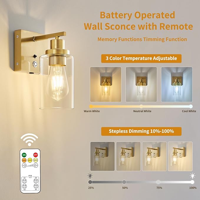 Battery Operated Wall Sconce Set of 2 with Remote 3-Color Rechargeable Wall Lights with 10000mA, Dimmable Wall Sconces Set of Two Battery Operated for Bedroom Living Room Hallway Decor (Gold)