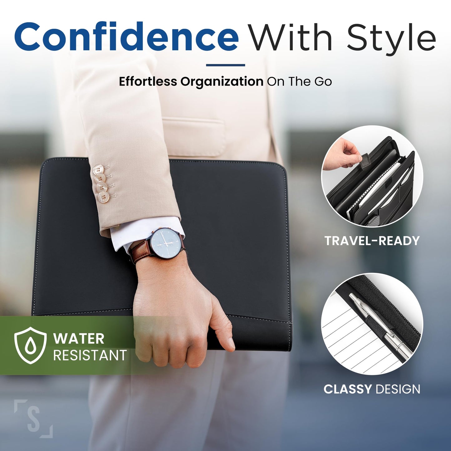 STYLIO Zipper Portfolio Binder | Padfolio 3 Ring Binder (1") and Clipboard Folio (Removable)| Portfolio Organizer for Documents, iPad, Tablet, Phone |Faux Leather Notebook Folio for Men & Women