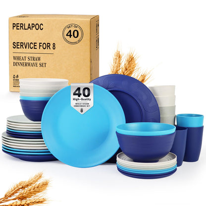 Wheat Straw Dinnerware Set 40-Piece Service for 8 Unbreakable Dishes Set Plates and Bowls Sets Drinking Glasses Microwave Safe Dish Set Lightweight Dinnerware Set for Home & Kitchen - Yellow