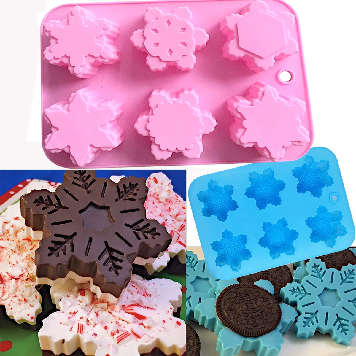 Snowflake Silicone Molds, 2 Pack Cake Pans Cookie Trays Handmade Soap Making Molds Also for Chocolate Mold Pudding Jelly Muffin Ice Cube Tray for Christmas Holiday Party Cake Decor(Pink/Blue)…