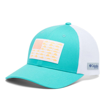 Columbia Unisex PFG Fish Flag Mesh Ball Cap-High Crown, Turquoise/Offshore Slam Flag, Large/X-Large