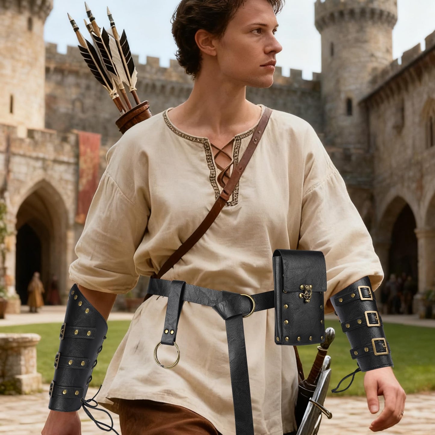YAIZLBCA 4 PCS Renaissance Accessories, Medieval Renaissance Belt, Skirt Hike,Vintage Belt Pouch & Leather Bracers,Pirate Viking Fairy Costume Ren Faire Accessories