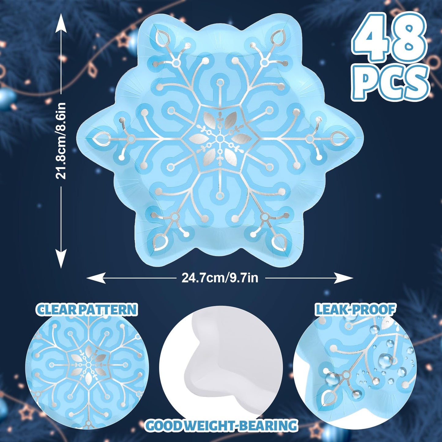 JarThenaAMCS 48Pcs Christmas Snowflake Paper Plates Silver Foil Blue Snowflake Shape Disposable Plates Winter Party Tableware for Xmas Wedding Birthday Table Decor Supplies