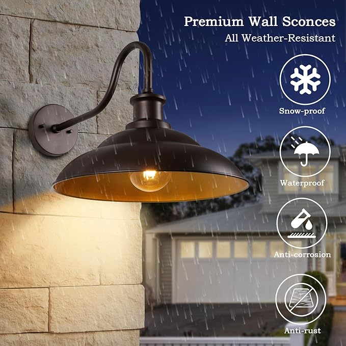 Outdoor Gooseneck Barn Light Fixture, 16 Inch Dome Large Wall Sconce, Farmhouse Exterior Wall Mount Light for House Garage Patio Doorway, Oil Rubbed Bronze, 1 Pack