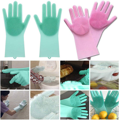 Silicone Dishwashing Gloves, Pet Grooming Rubber Scrubbing Gloves for Dishes,Sponge Wash Cleaning Glove with Scrubbers for Housework, Bathroom, Kitchen, Car, Pets. 1Pair (13.6" Large)