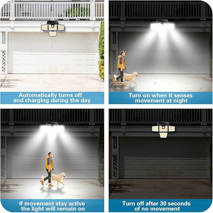 AmeriTop Solar Lights Outdoor, 2 Pack 300 LED High Brightness Cordless Solar Motion Sensor Lights; 4 Adjustable Heads,320° Wide Angle Illumination, IP65 Waterproof, Security LED Flood Light(Daylight)
