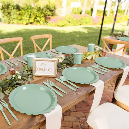 Xiangqu 175 Pcs Sage Green Paper Plates and Napkins, Sage Green Party Supplies Include Green Scalloped Plate Paper Napkin Cup Plastic Cutlery for Baby Shower, Wedding, Birthday