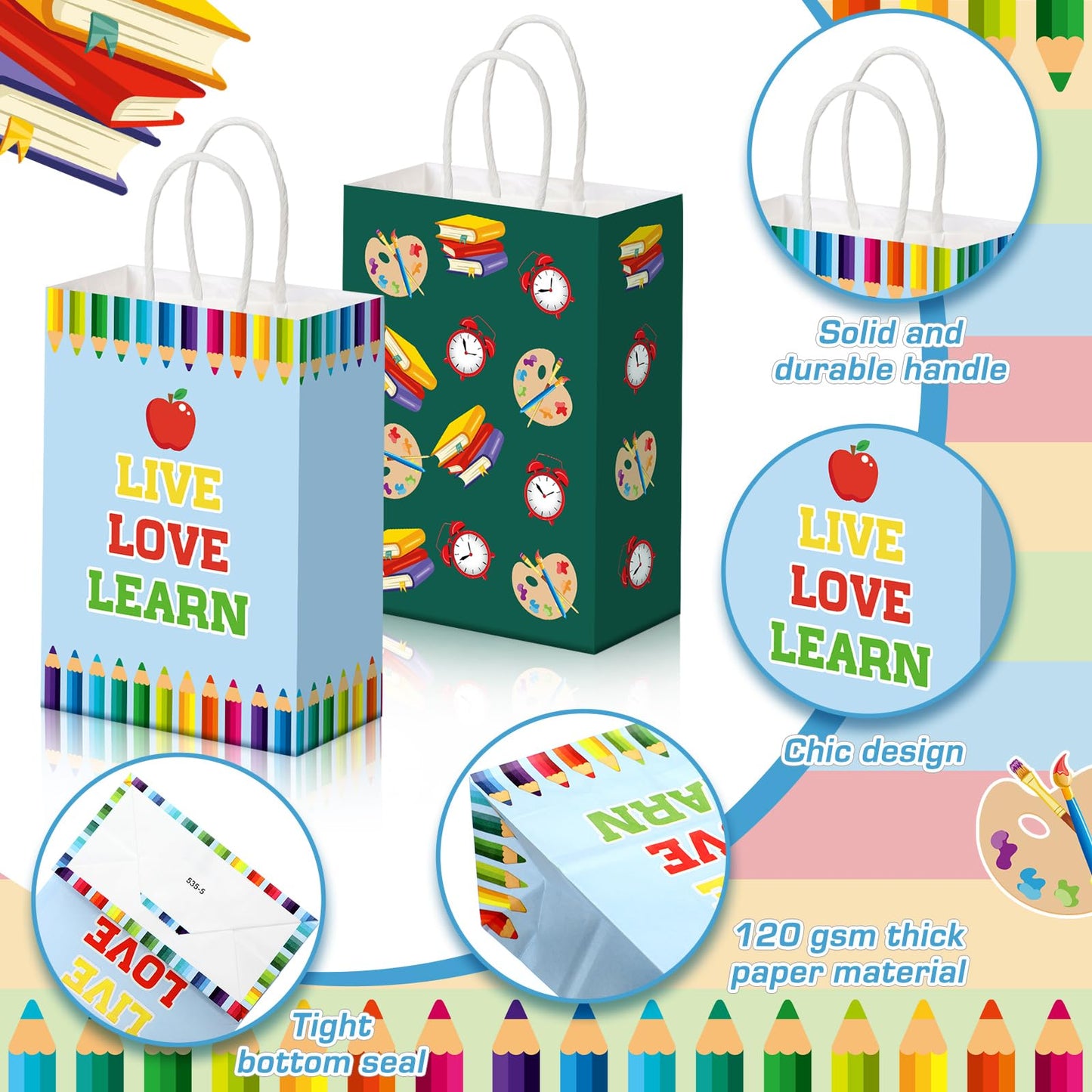 Kolldenn 24 Pcs Welcome Back to School Gift Goodie Bags with Handles First Day of School Party Favors Bags Paper Book Pencil Bus Gnome Candy Treat Pouch for Classroom Party Decorations Supplies