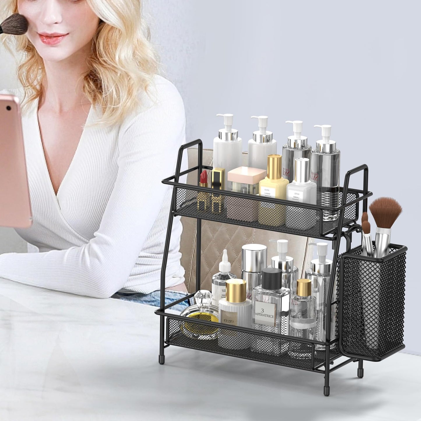 LEMIKKLE 2-Tier Bathroom Countertop Organizer,Skincare, Makeup Countertop Organizers, Kitchen, Bathroom Counter Storage with Small Basket (Black)