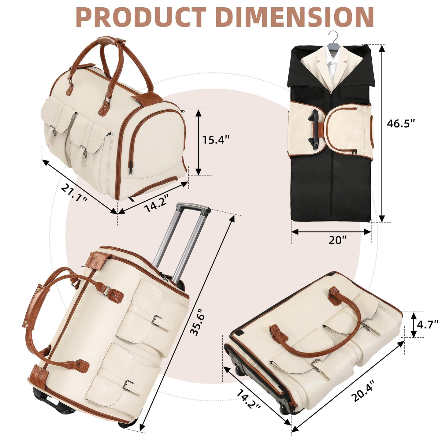 Garment Bags for Travel, 2-in-1 Convertible Rolling Duffle Bag with Wheels, Modern Carry-on Travel Bag for Suits, Foldable Suit Bag, Telescopic Handle, Hanging Hook