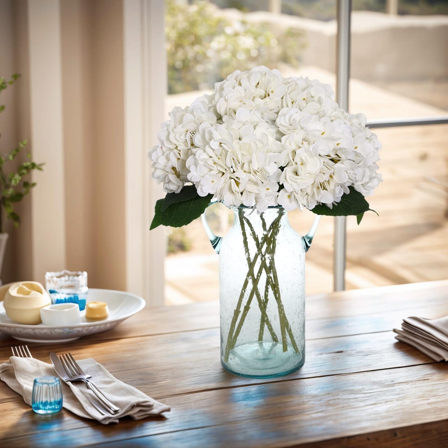 Kimura's Cabin 6pcs Fake White Flowers Artificial Silk Hydrangea Flowers Bouquets Faux Hydrangea Stems for Home Table Centerpieces Wedding Party Decoration (White)