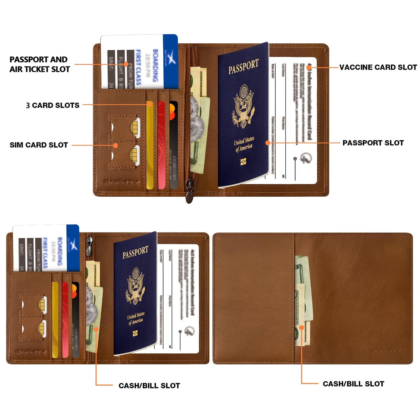 BAPHITY Genuine Leather RFID Blocking Passport Holder Wallet with Zipper Hidden Pocket,Luxury Cover for Men Women,Ideal Gift-red-brown