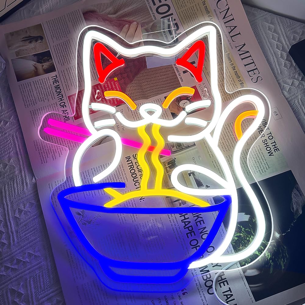RuCvixkt Ramen Cat Neon Sign for Wall Decor, Fortune Japanese Cat Eating Ramen Led Light Signs Maneki Neko Lucky Neon Signs for Bedroom, Noodle Resturant,Baby Girls Room Party Gift