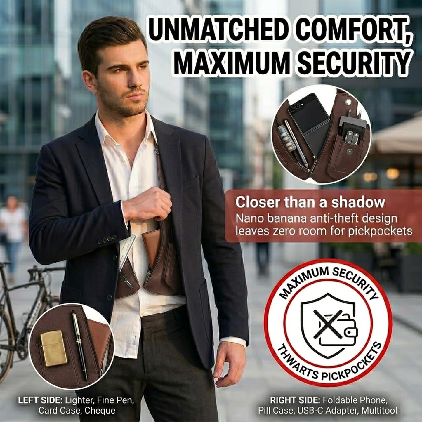 TXVGQMA 1 PC Men Anti Theft Hidden Underarm Shoulder Bag, PU Leather Double Armpit Phone Wallet, Adjustable Security Crossbody Harness Pouch for Travel EDC