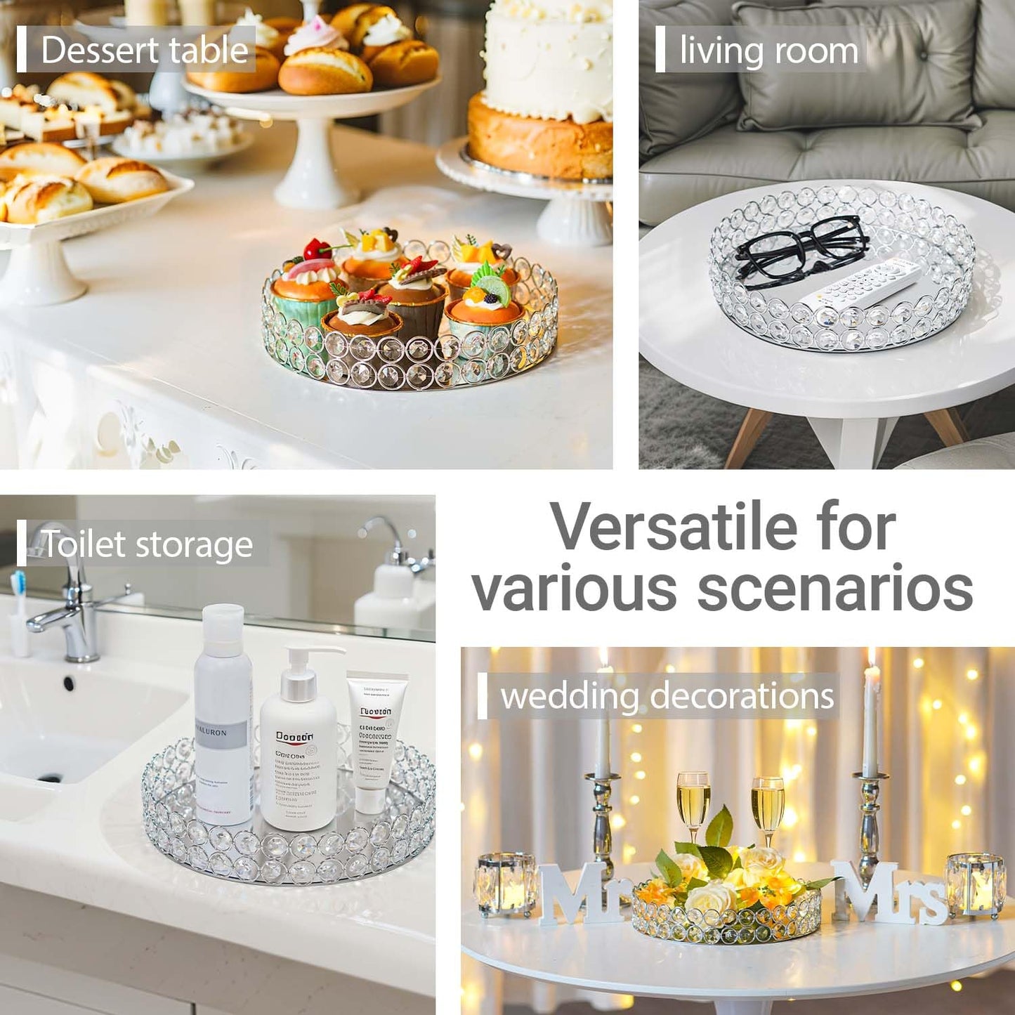 KEHAIL 2 Pcs Silver 10" Round Metal Mirror Crystal Tray – Vanity Tray for Makeup, Perfume, Jewelry & Dessert Display, Elegant Decorative Serveware, Christmas & Birthday Gift