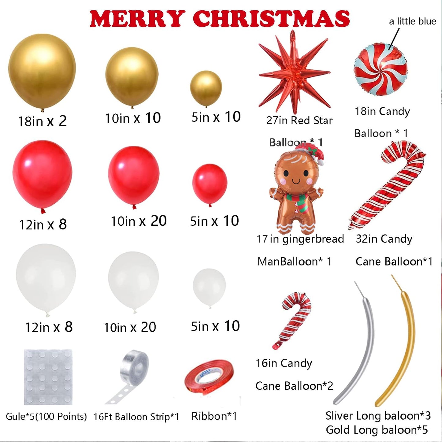 Christmas Balloon Garland Arch Kit Xmas Holiday Balloons with Red White Golden Balloon Candy Foil Balloon Candy Cane Balloon Red Starburst Balloons for Christmas Party Decorations