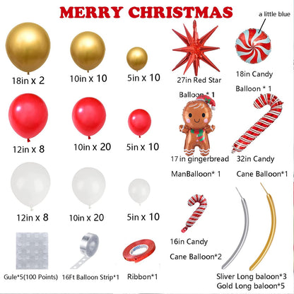 Christmas Balloon Garland Arch Kit Xmas Holiday Balloons with Red White Golden Balloon Candy Foil Balloon Candy Cane Balloon Red Starburst Balloons for Christmas Party Decorations