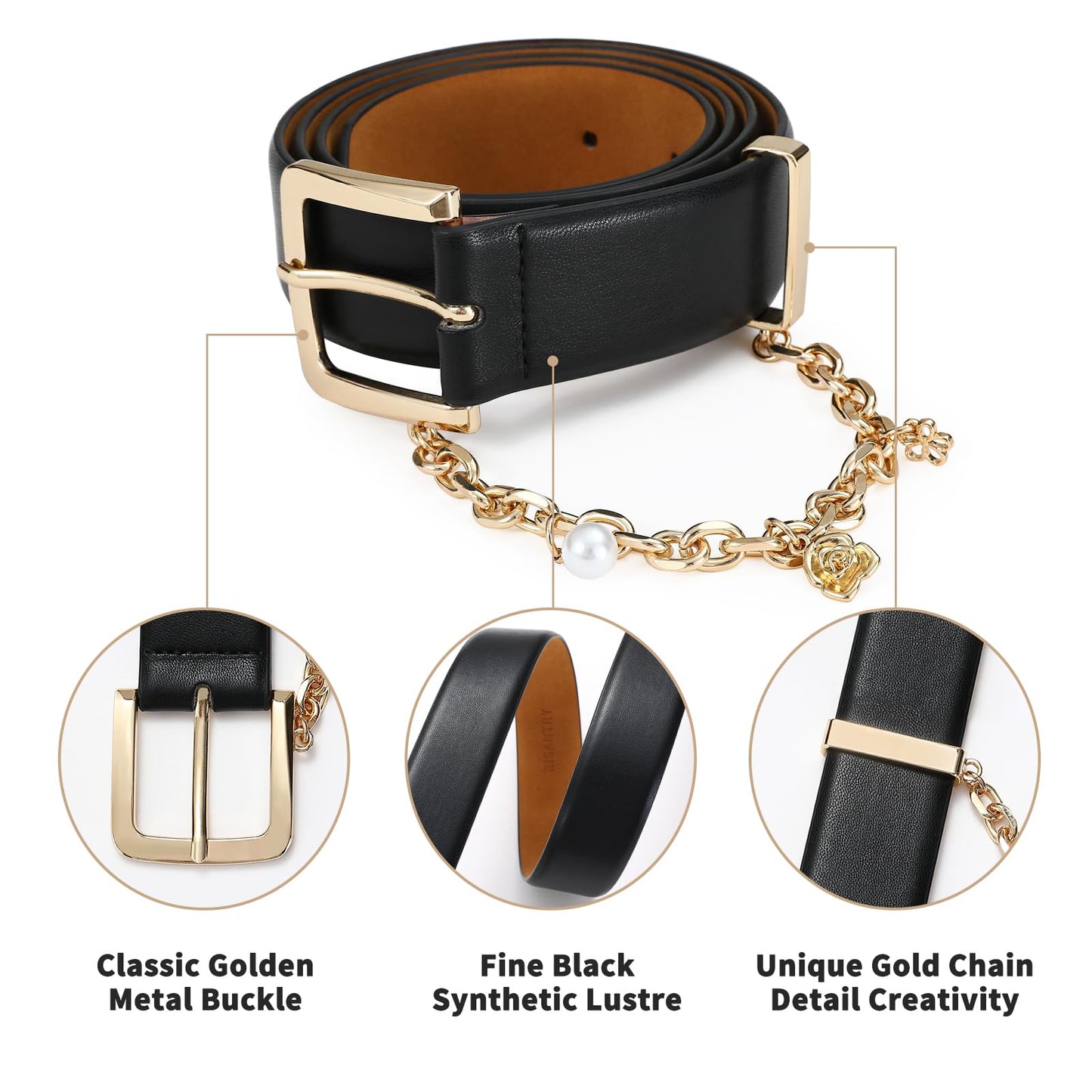AI DEEBLUE Women's Leather Belt for Jeans Black Belt with Gold Buckle and Chain Fashion Belts for Women